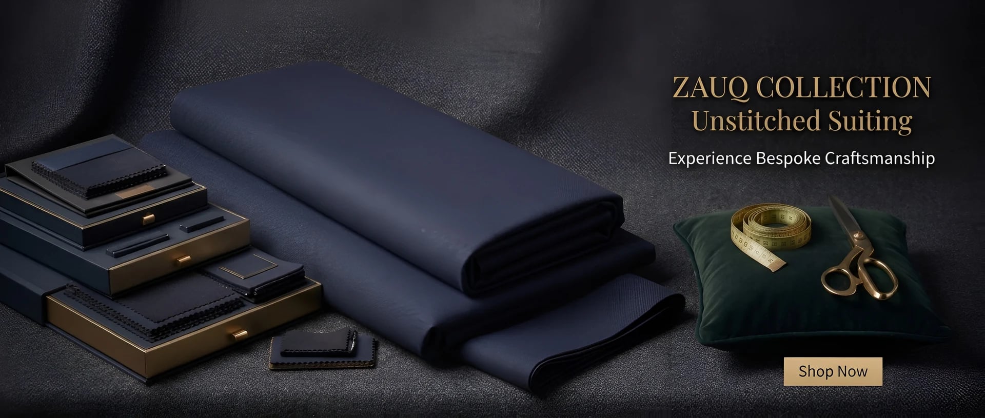 Zauq Collection campaign: unstitched fabric with Legacy packaging and tailoring accessories.